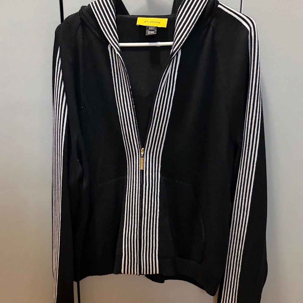 St. John Black Sweater Jacket with White Stripe Trim